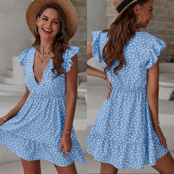 V neck ruffle flutter short sleeve leopard dot print boho dress navy blue - Picture 2 of 4